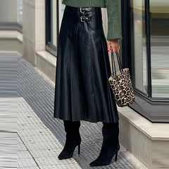 PU Leather High Waist Pleated Skirt