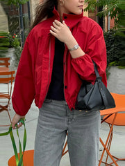 Solid Zip Stand Collar Bomber Jacket