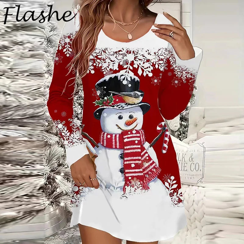 Snowman Print O-Neck Mini Dress