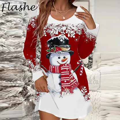 Snowman Print O-Neck Mini Dress
