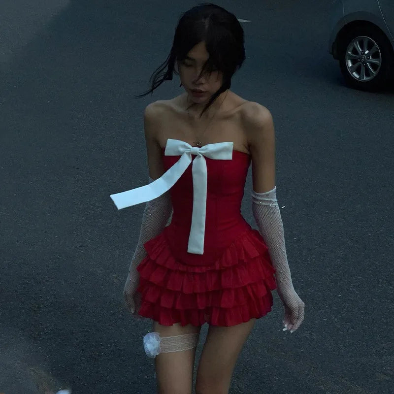 Bow Off Shoulder Ruffle Mini Dress