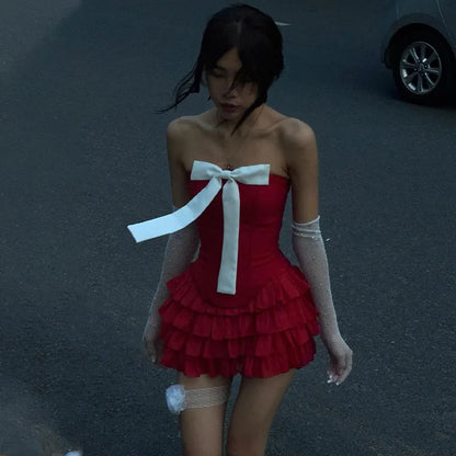 Bow Off Shoulder Ruffle Mini Dress