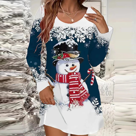 Snowman Print O-Neck Mini Dress