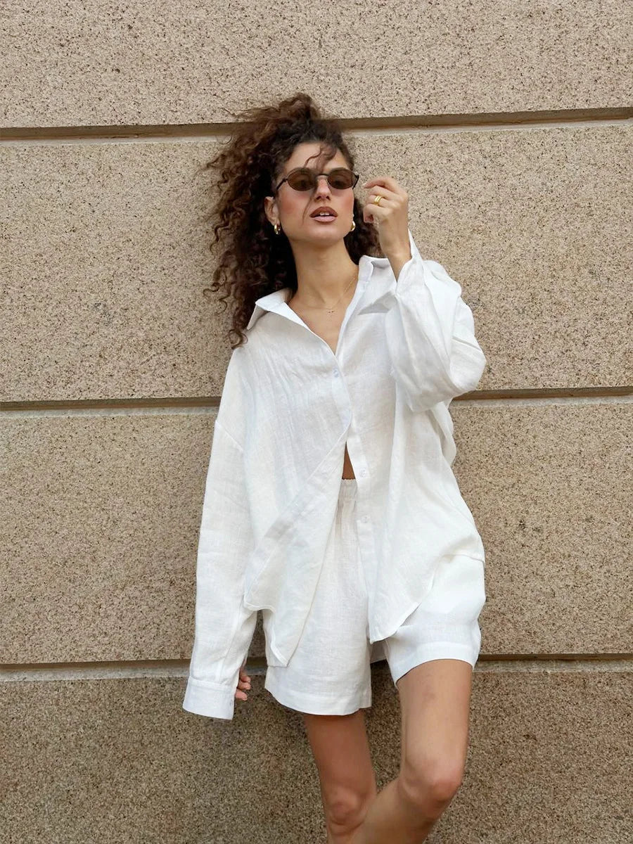 Cotton Lapel Shirt Pants Set