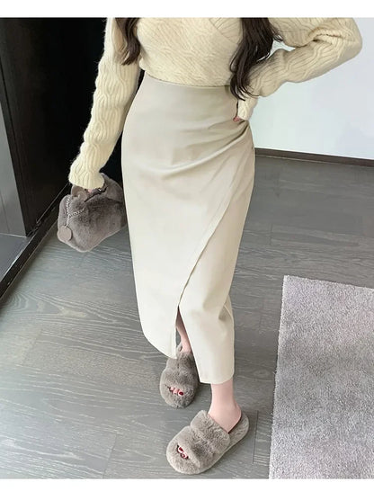 High Waist Front Split PU Leather Skirt