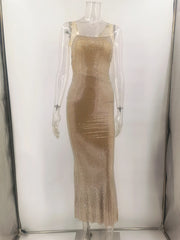 Rhinestone Backless Maxi Dress