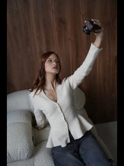 Ruffled V-Neck Knit Cardigan