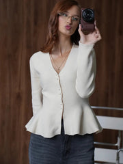 Ruffled V-Neck Knit Cardigan
