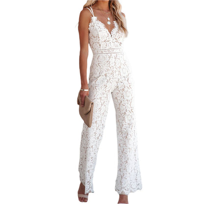V-Neck Lace Open Back Jumpsuit