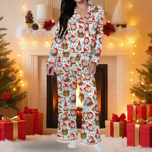 Santa Claus & Bow Print Satin Pajama Set