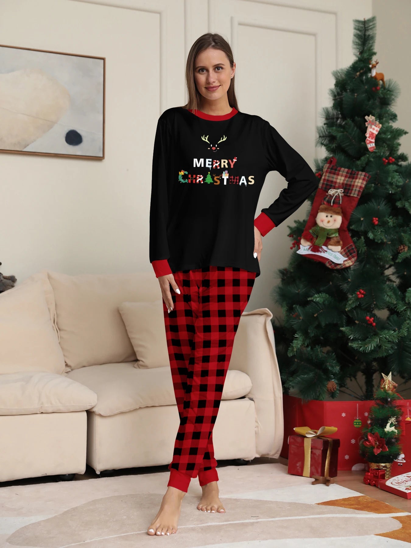 Black "Merry Christmas" Reindeer Print Pajama Set