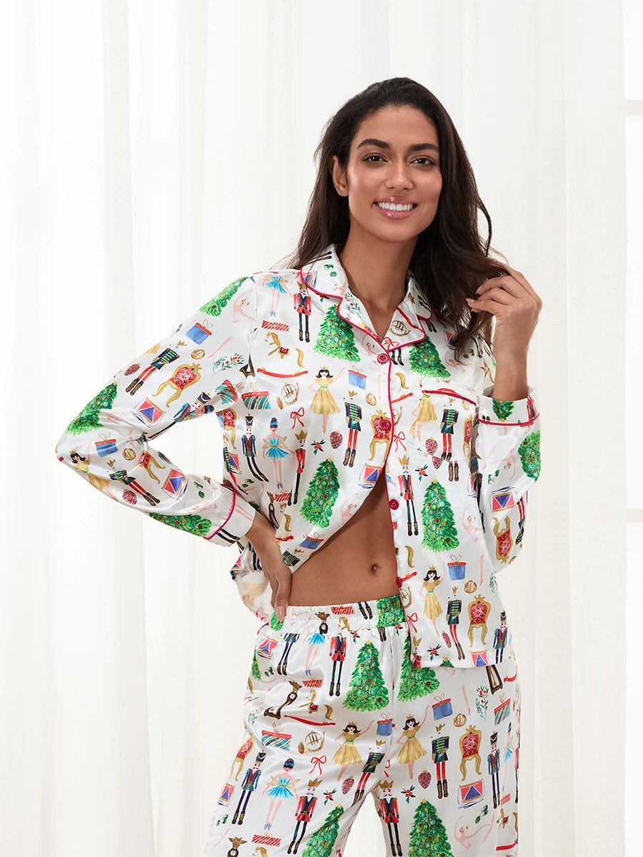 Christmas Tree & Gifts Print Satin Pajama Set