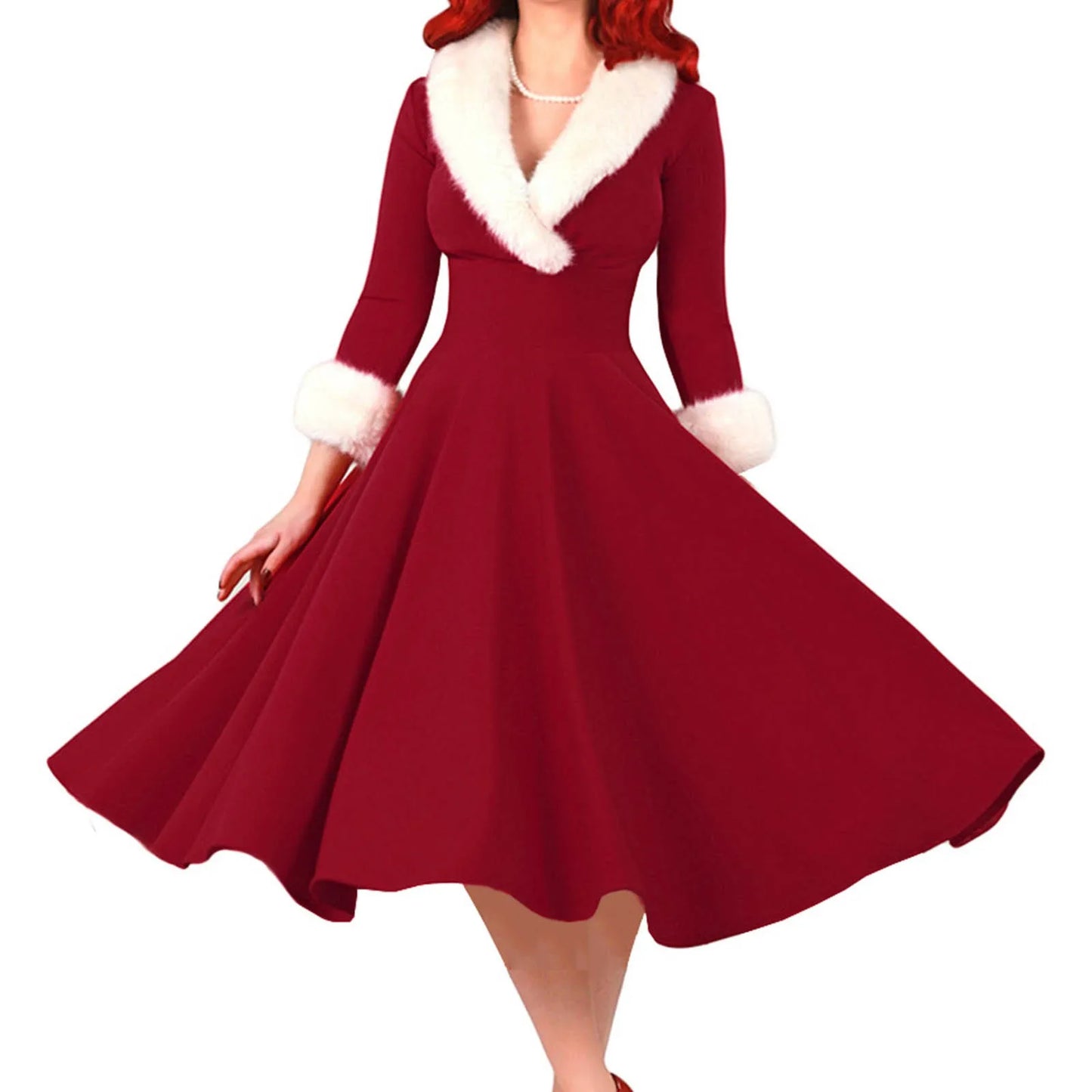 Women Christmas V-Neck Plush Dress