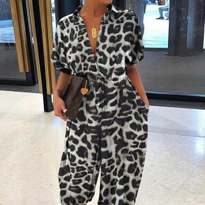 Leopard V-Neck Tie Waist Jumpsuit
