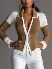 Color Block Lapel Knit Cardigan