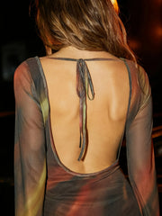 Printed Silk Mesh Backless Mini Dress