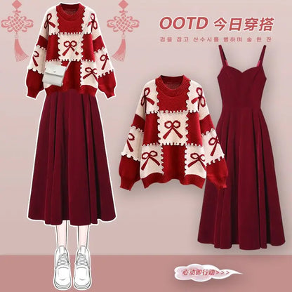 Red Knitted Two-Piece Dress Set