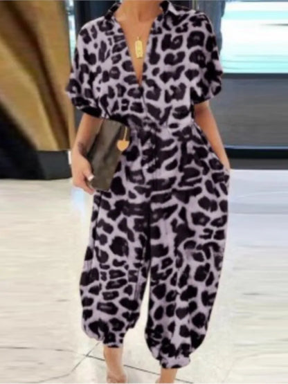 Leopard V-Neck Tie Waist Jumpsuit