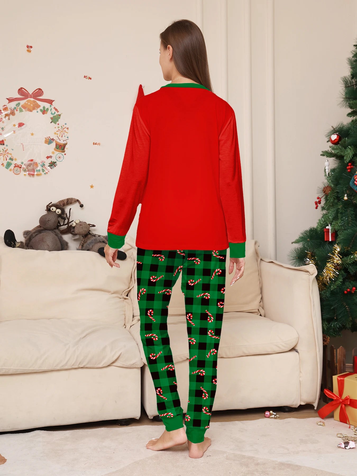 Red Top & Green Plaid Candy Cane Pants Set