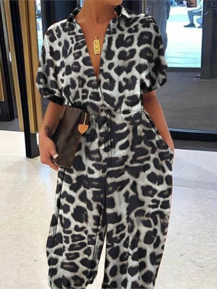 Leopard V-Neck Tie Waist Jumpsuit