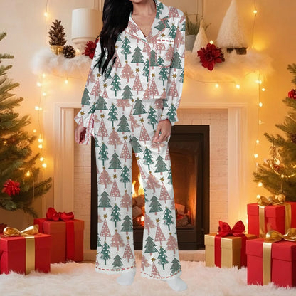 Santa Claus & Bow Print Satin Pajama Set