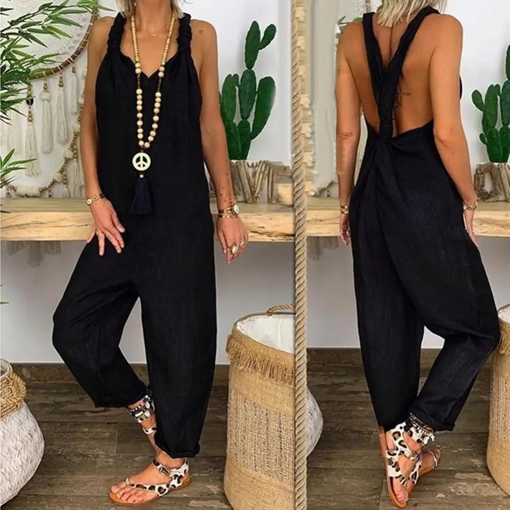 Backless Knotted Bib Jumpsuit
