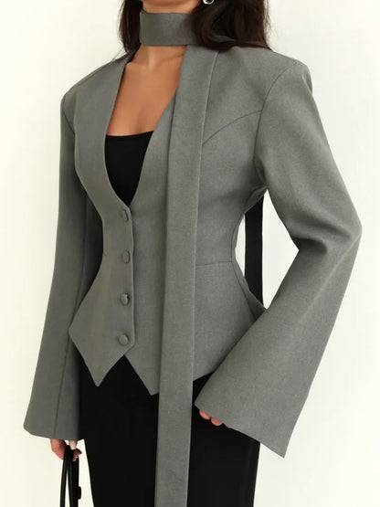 V-Neck Blazer With Scarf Detail