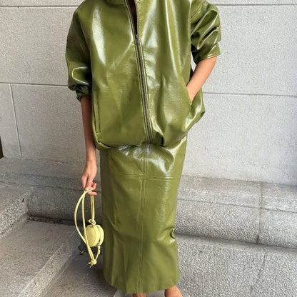 Green Faux Leather Jacket Pants Set