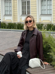 Solid Lapel Leather Short Coat