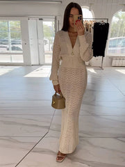 Knitted White Deep V Maxi Dress