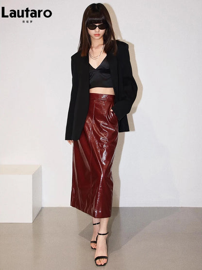 Shiny Reflective PU Leather Midi Skirt