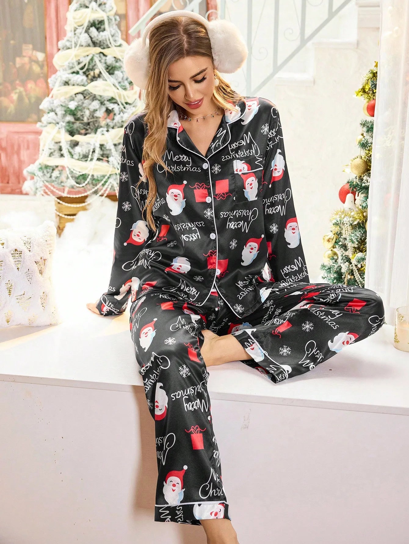 Snowman Print Satin Pajama Set
