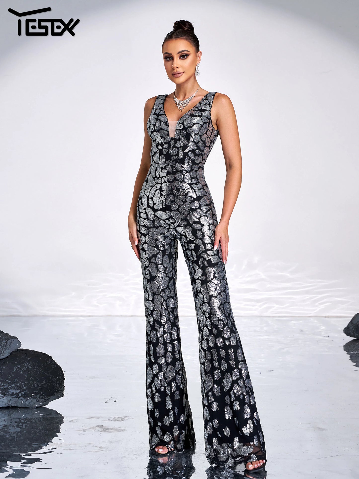 V-Neck Sequin Backless Jumpsuit