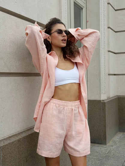 Cotton Lapel Shirt Pants Set