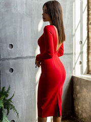 Red Long Sleeve Midi Bandage Dress