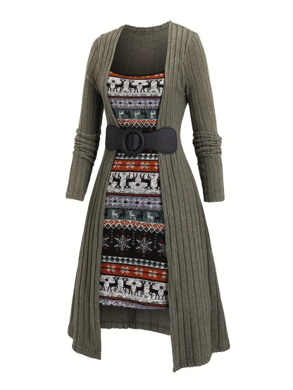 Snowflake Reindeer Knit Midi Dress
