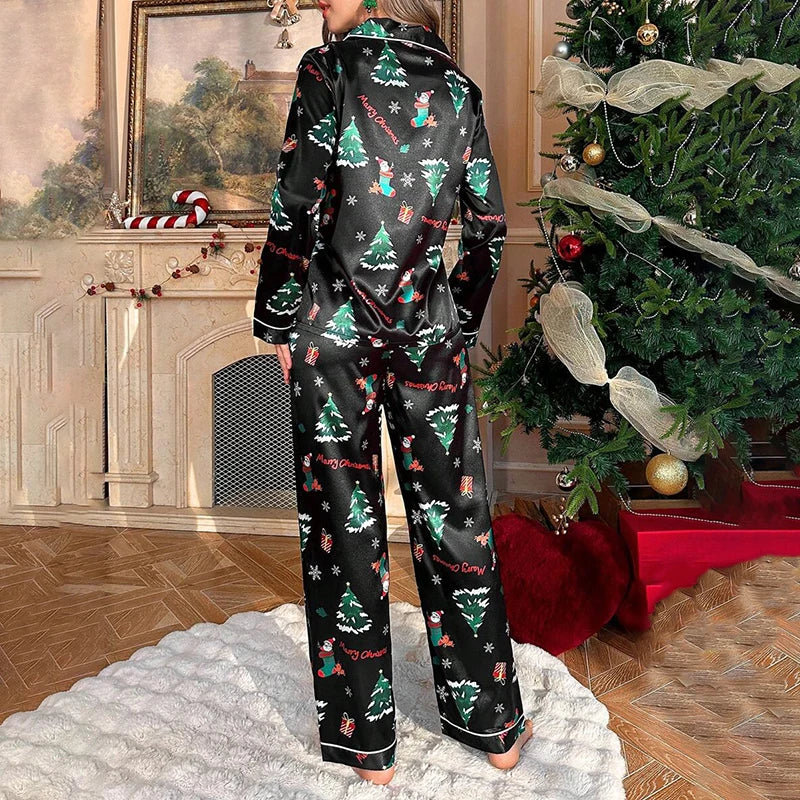 Silky Christmas Tree Print Pajama Set