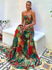 Printed Strapless Pleated Maxi Dress