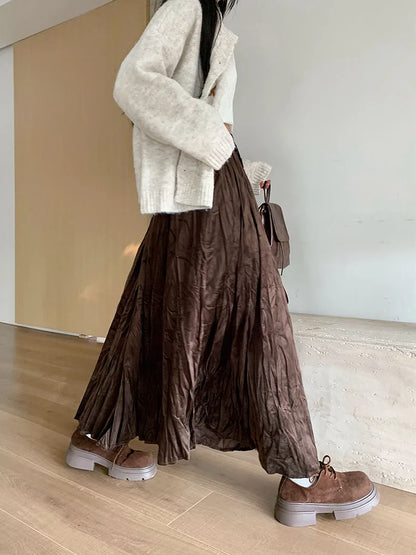 Elastic High Waist Pleated Maxi Skirt