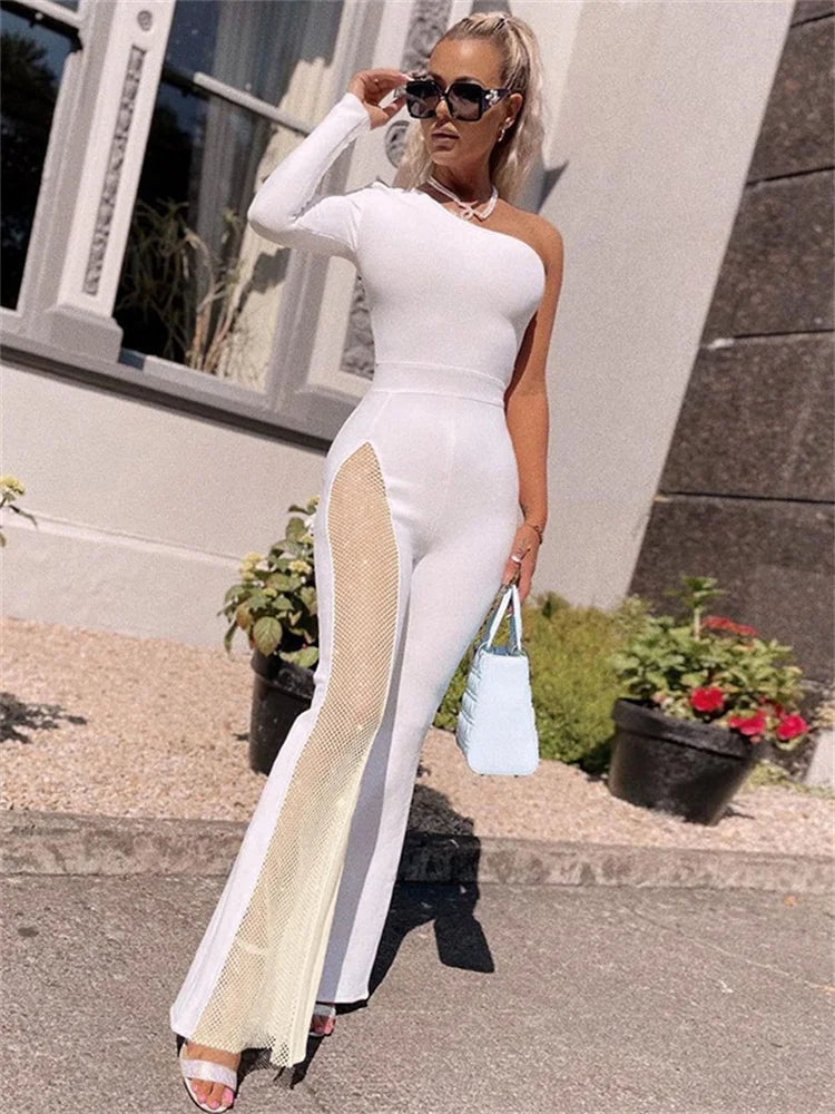 Mesh Patchwork One-Shoulder Jumpsuit