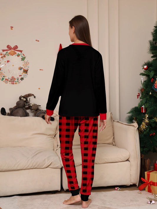 Black Top & Red-Black Plaid Pants Set