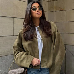 Green Khaki Suede Bomber Jacket