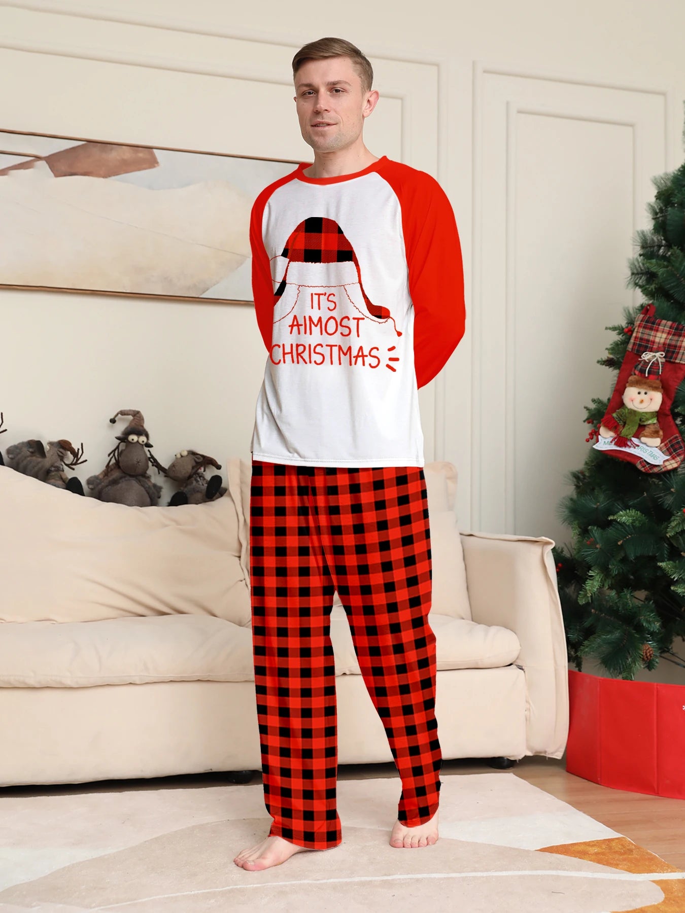 Plaid Santa Hat Print Pajama Set