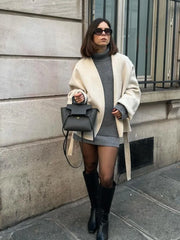 Collarless Woolen Belt Jacket