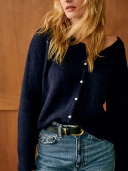 Round Neck Solid Knit Cardigan