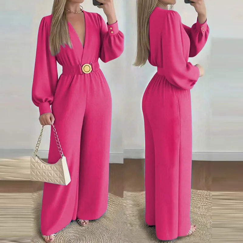 V Neck Belted Wide Leg Jumpsuit