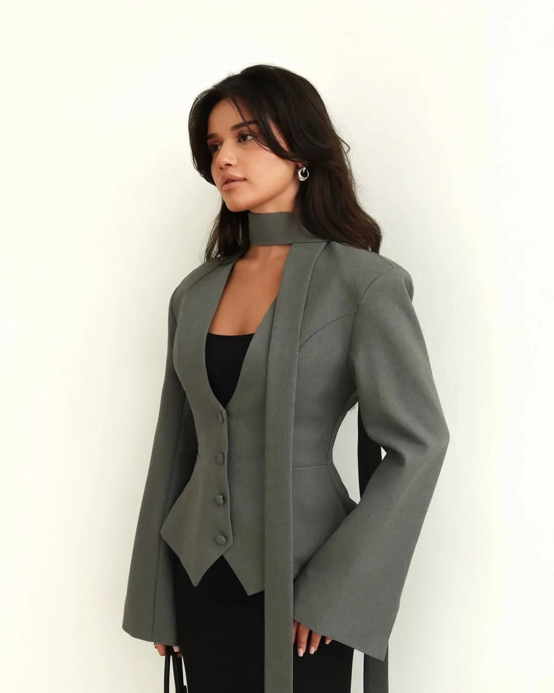 V-Neck Cinched Waist Blazer Jacket