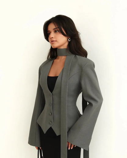 V-Neck Cinched Waist Blazer Jacket