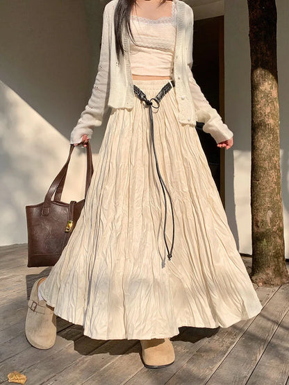 Elastic High Waist Pleated Maxi Skirt