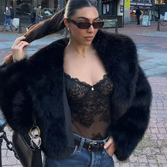 Black Faux Fur Plush Coat for Women